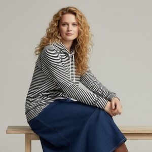 Crane Equestrian Blue White Nautical Stripe Hoodie Top Size L